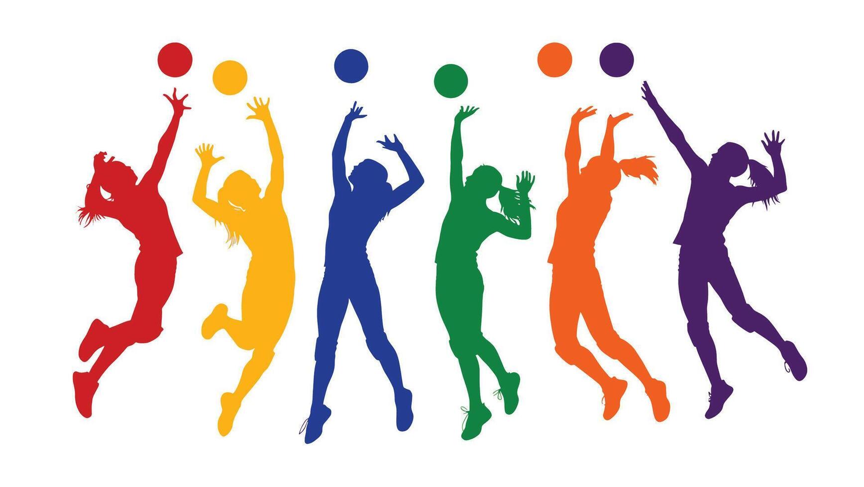 Six Vibrant Silhouettes of Female Volleyball Players Dynamically Spiking in a Colorful and Energetic Competition vector