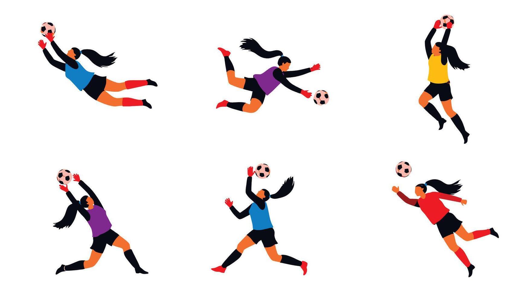 Dynamic Female Soccer Goalkeepers in Action A Collection of Energetic Illustrations Showing Diverse Women Making Impressive Saves on a White Background vector