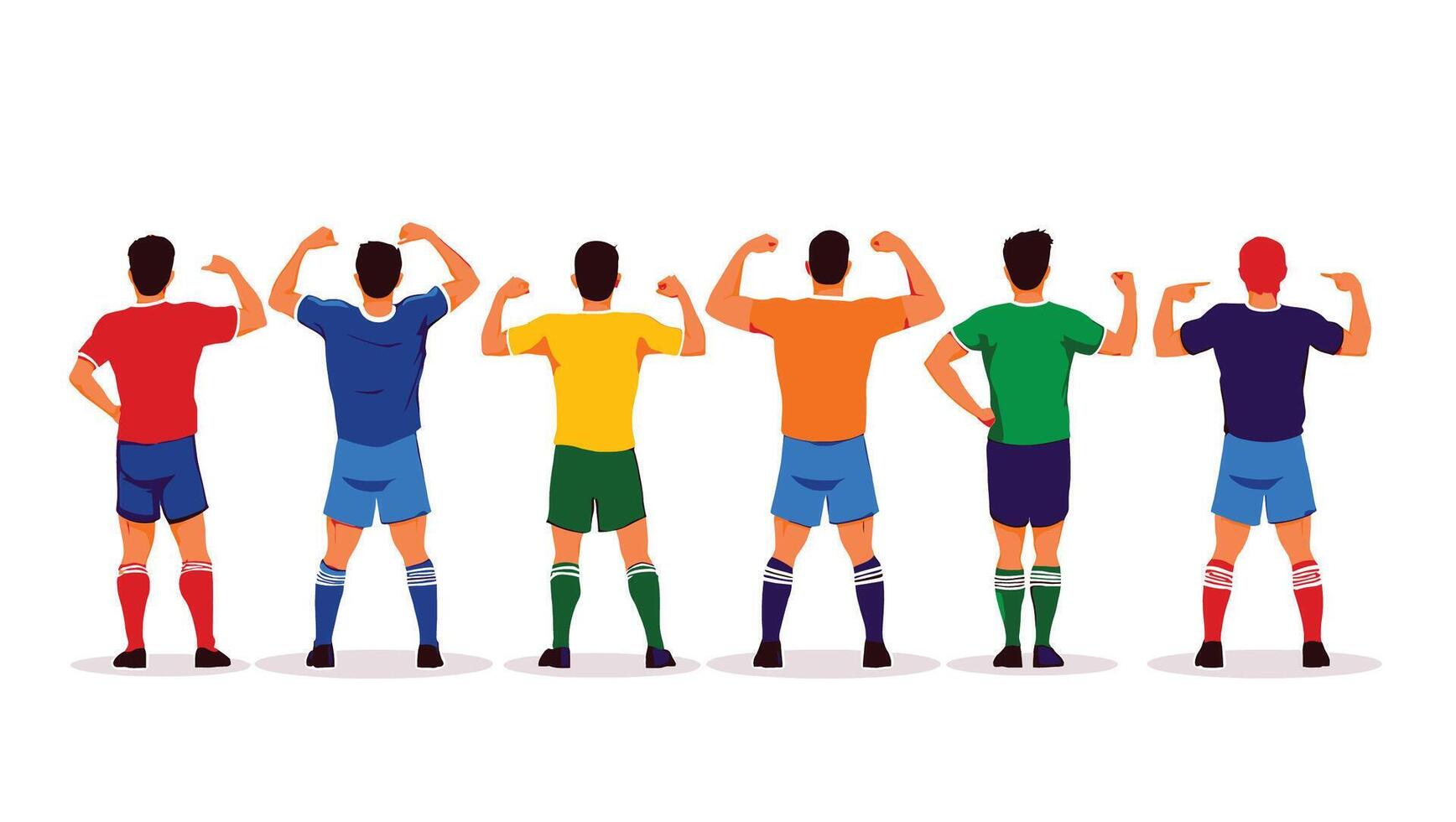Seven Proud Soccer Players Showcasing Muscles in Vibrant Uniforms on a White Background - Professional digital artwork with vibrant colors and detailed composition vector