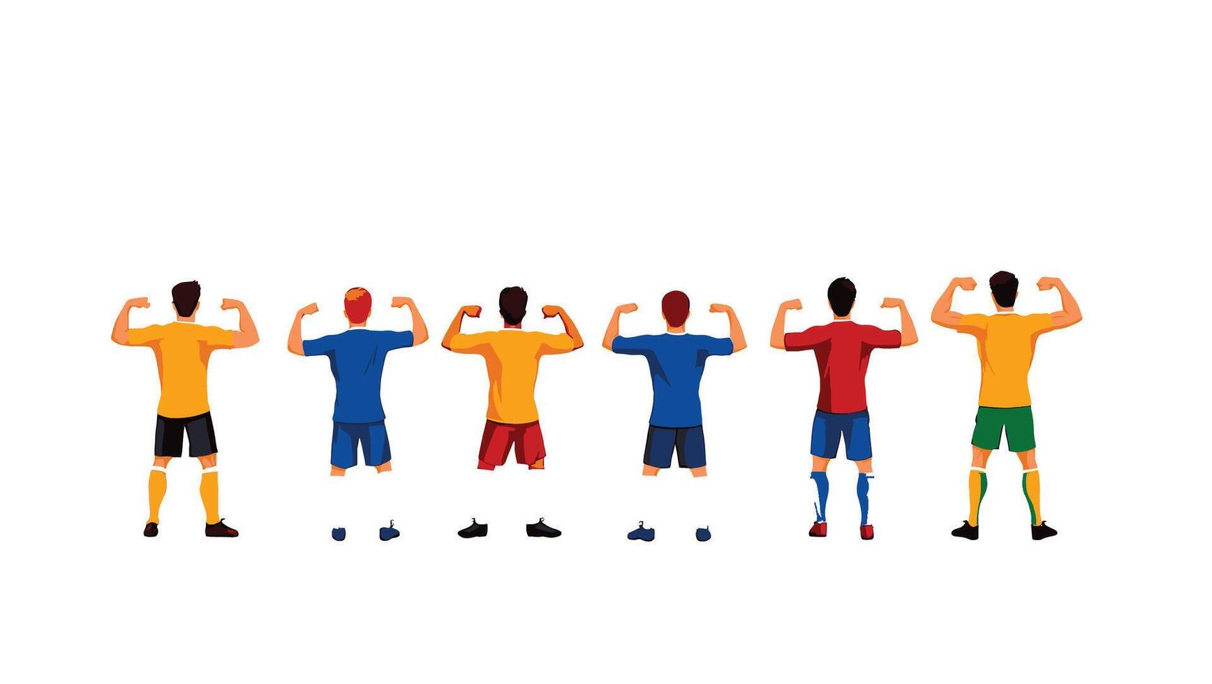 Six Confident Soccer Players Flexing Muscles in a Row, Showing Strength and Unity on White Background vector