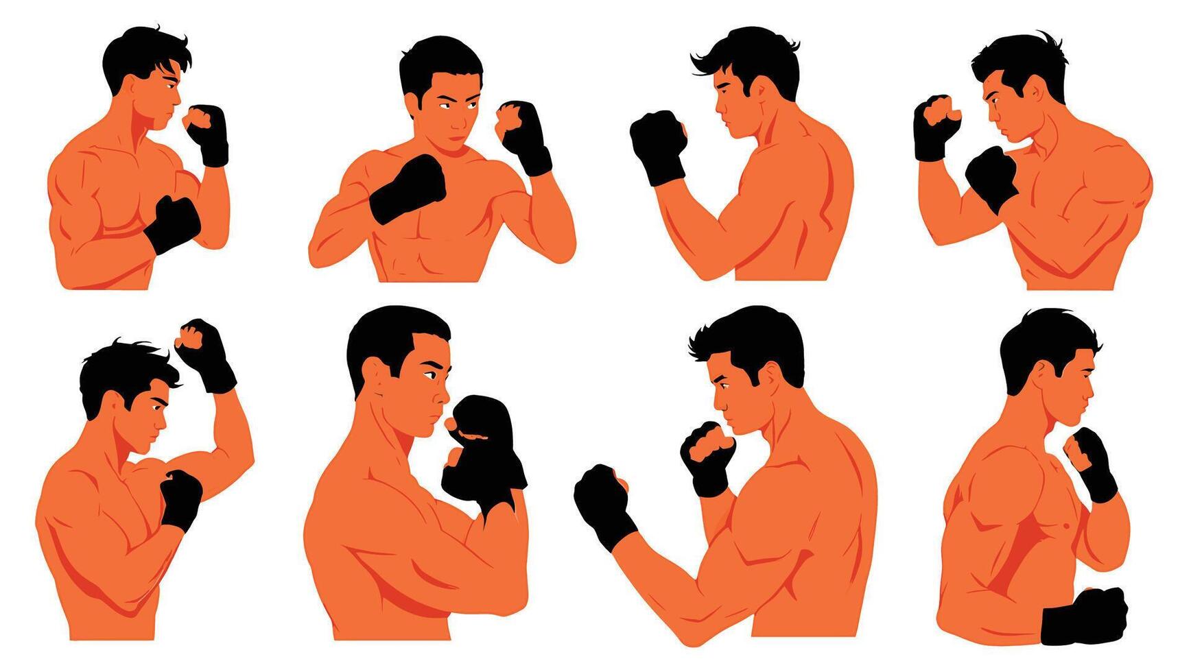 Eight Intense Poses of Muscular Men Boxing in a Fiery Orange and Black Illustration - Professional digital artwork with vibrant colors and detailed composition vector