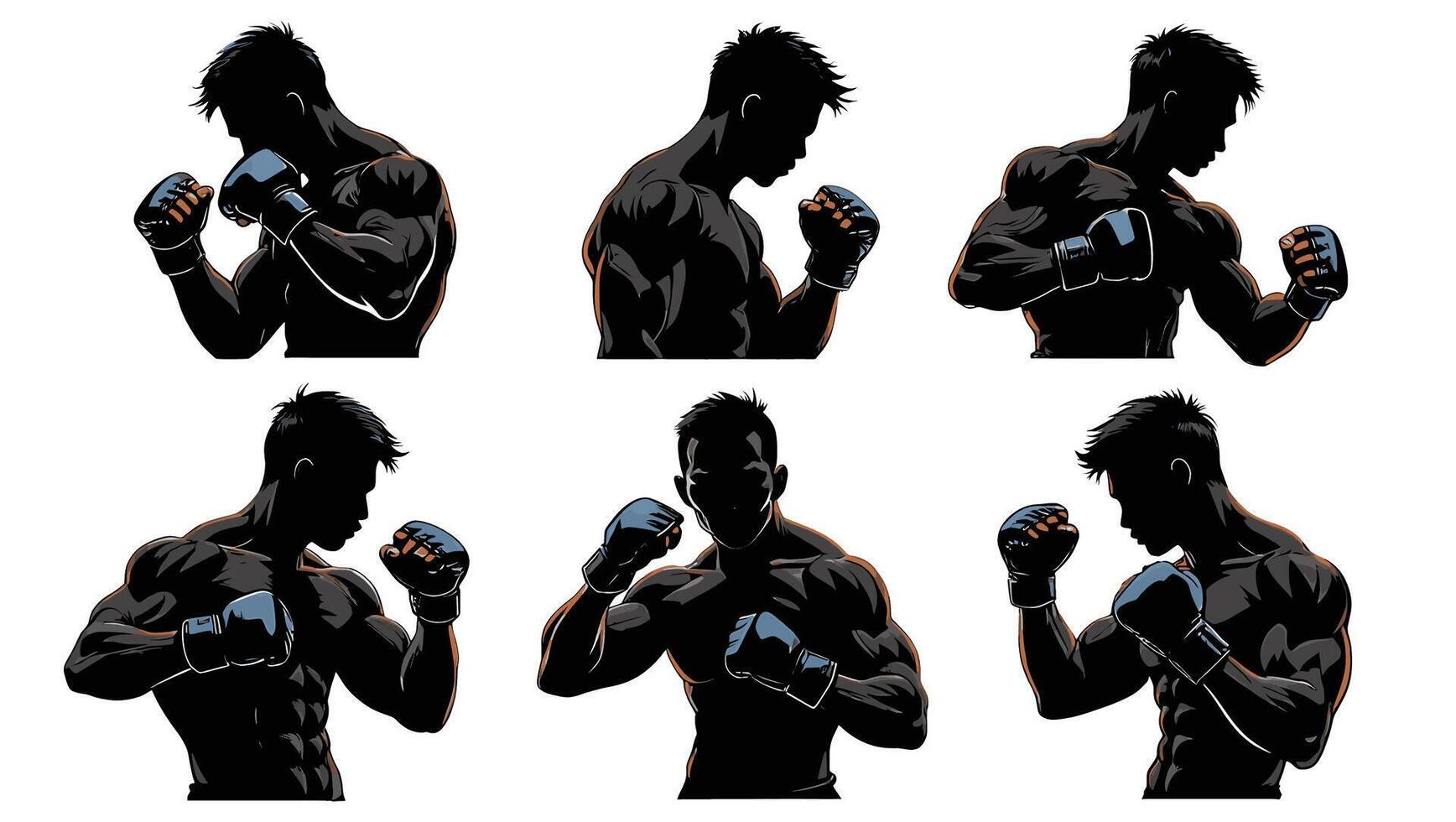 Intense Silhouette of a Muscular Mixed Martial Arts Fighter in Six Striking Poses, Displaying Power and Determination vector
