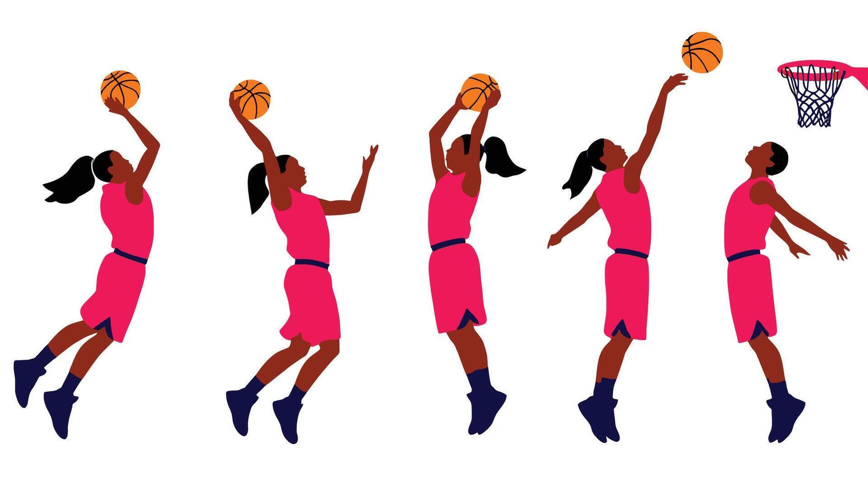 Dynamic Black Female Basketball Players in Action Energetic Pink Uniforms, Intense Gameplay, White Background - Professional digital artwork with vibrant colors and detailed composition vector