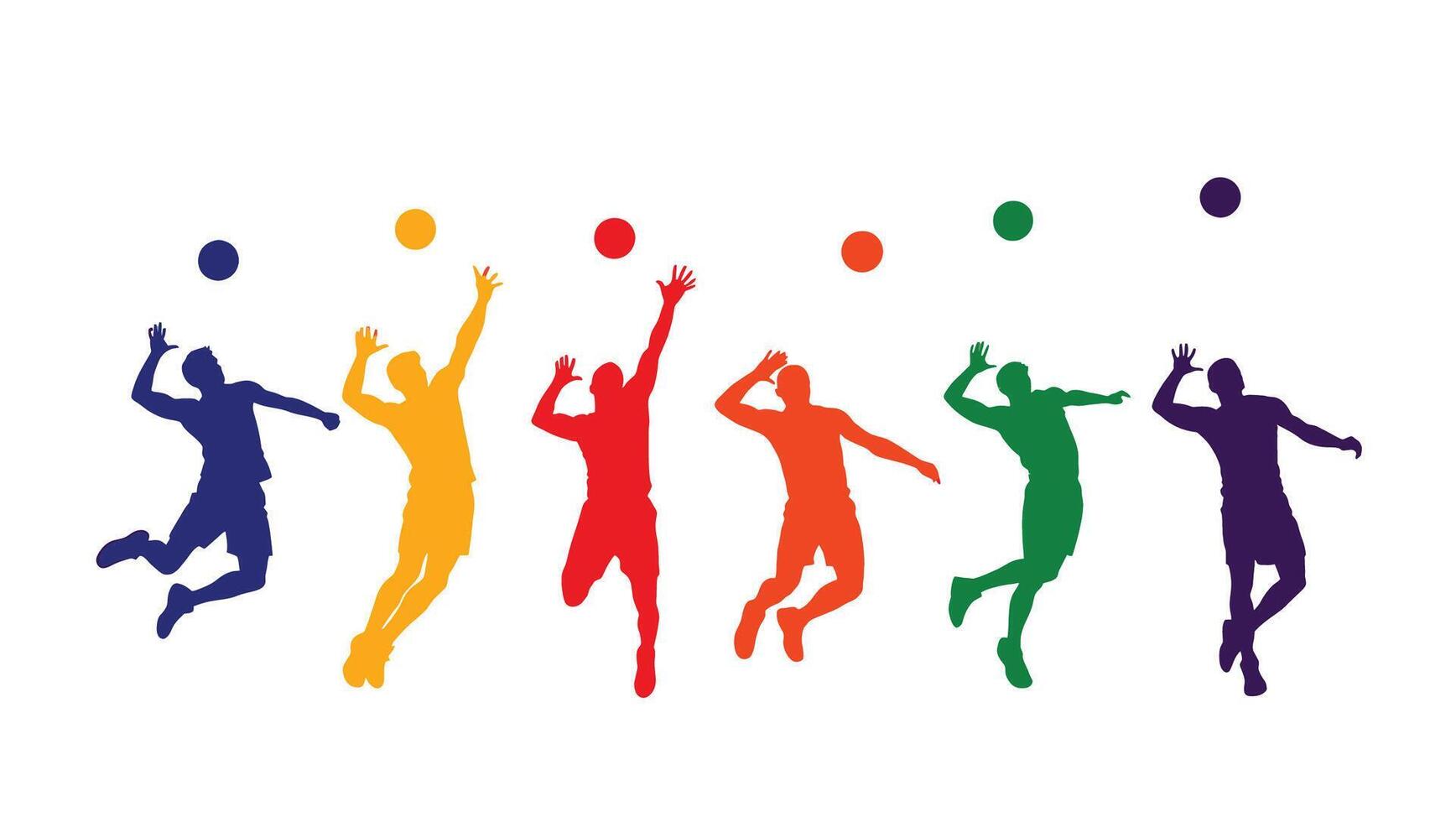 Dynamic Silhouettes of Volleyball Players Leaping and Spiking in Vibrant Colors Against a White Background vector