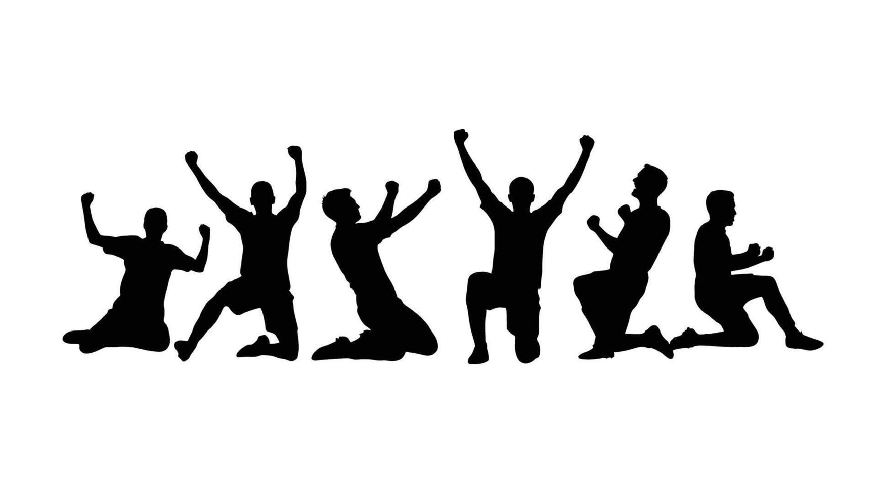 Euphoric Men Celebrating Victory Dynamic Silhouettes of Joyful Athletes Triumphantly Jumping and Kneeling Against White Background vector