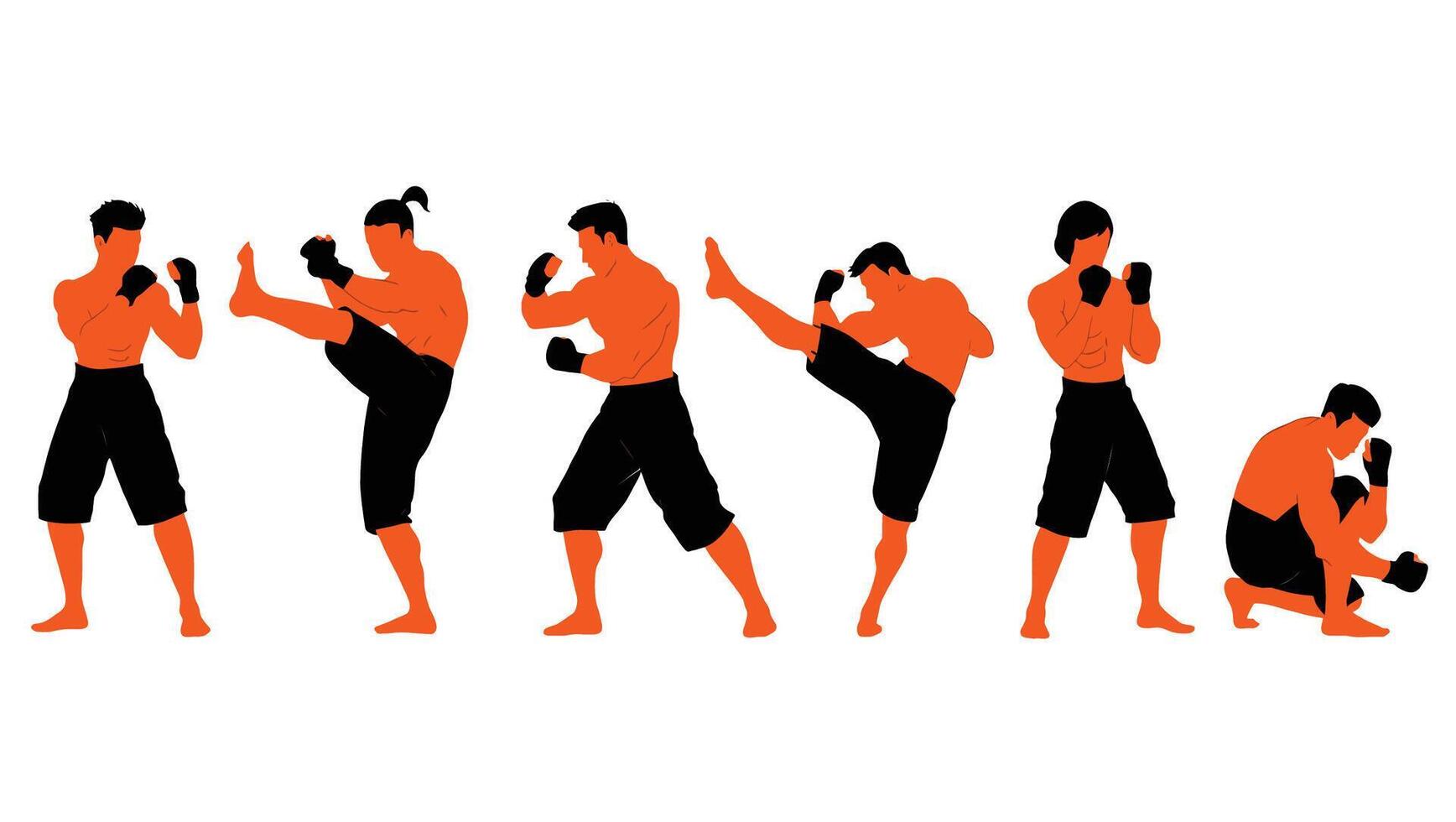 Powerful Men Demonstrating Dynamic Martial Arts Moves in a Fiery Orange Silhouette Against White Background vector