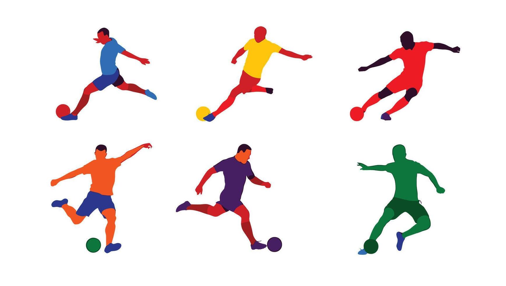 Energetic Soccer Players in Action Colorful Silhouettes of Athletes Kicking and Dribbling on White Background vector