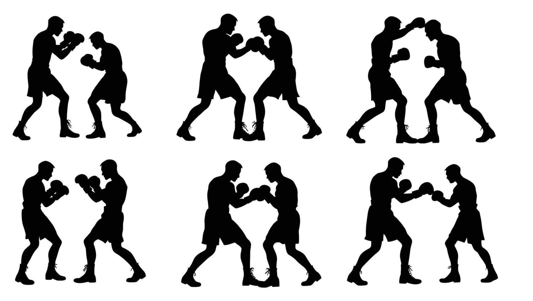 Intense Boxing Match Silhouettes Six Dramatic Action Poses of Boxer Athletes in Fierce Competition - Professional digital artwork with vibrant colors and detailed composition vector