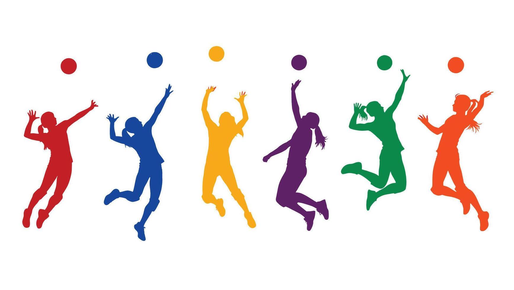 Dynamic Silhouettes of Colorful Female Volleyball Players in Action, Displaying Energetic Gameplay and a Vibrant Mood vector