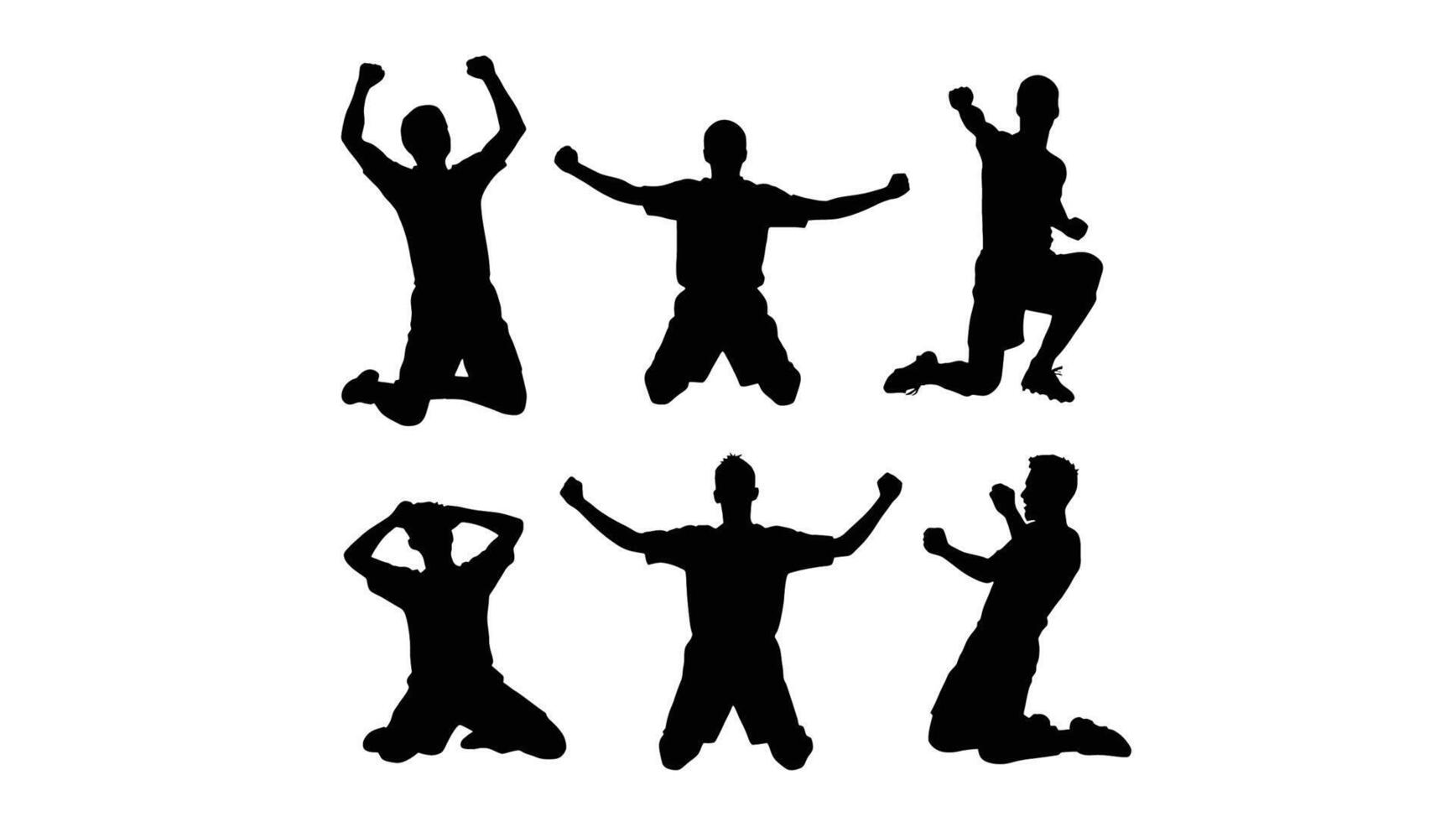 Six Silhouettes of Jubilant Soccer Players Kneeling and Jumping in Euphoric Celebration - Professional digital artwork with vibrant colors and detailed composition vector