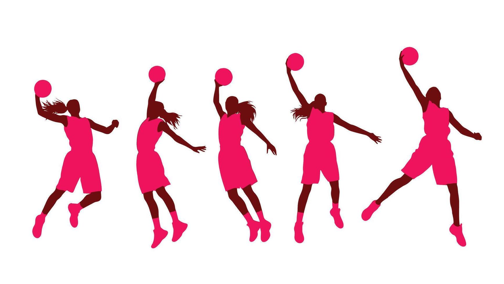Dynamic Pink Silhouettes of Female Basketball Players in Action-Packed Game, Energetic and Powerful - Professional digital artwork with vibrant colors and detailed composition vector