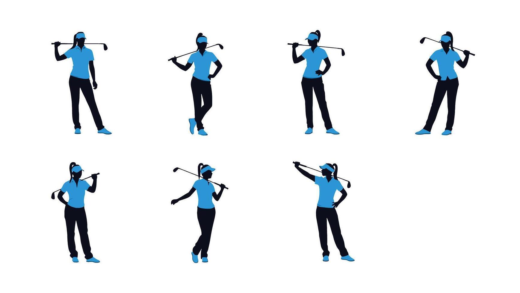 Six Silhouettes of Confident Female Golfers in Action on a White Background, Displaying Dynamic Poses and a Determined Mood vector