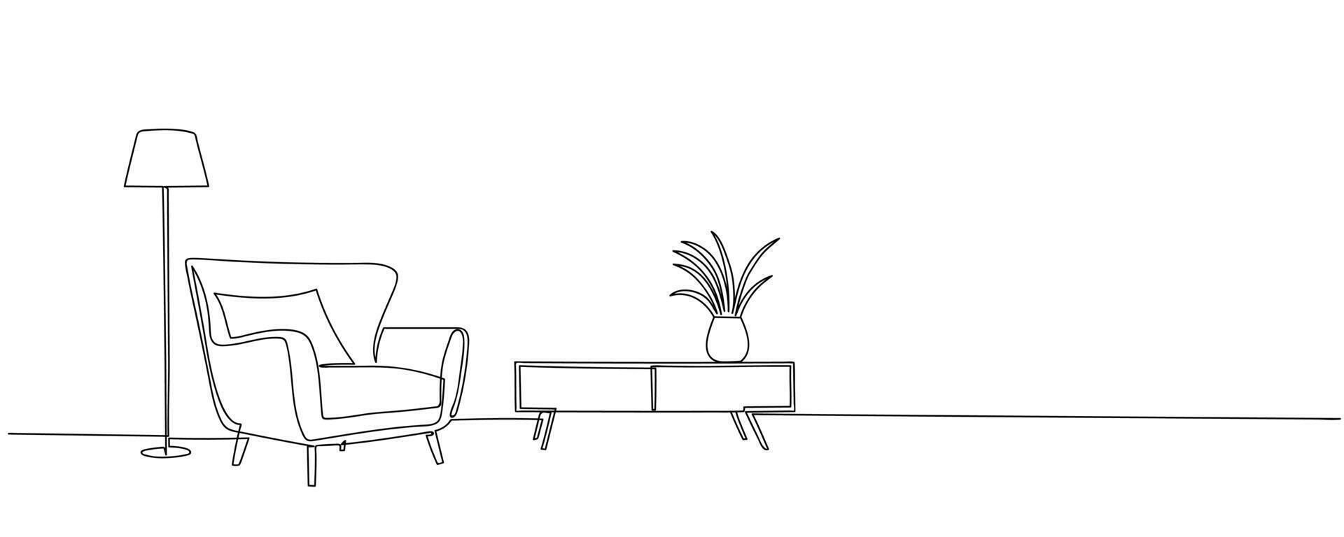continuous line drawing showcases minimalist Scandinavian furniture and plant. Scandinavian stylish furniture for living room or hotel concept in simple linear style. Doodle illustration vector