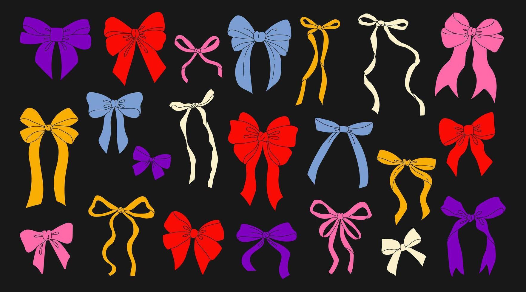 Set of festive bows of different shapes and sizes on a black background. illustration in trendy style vector