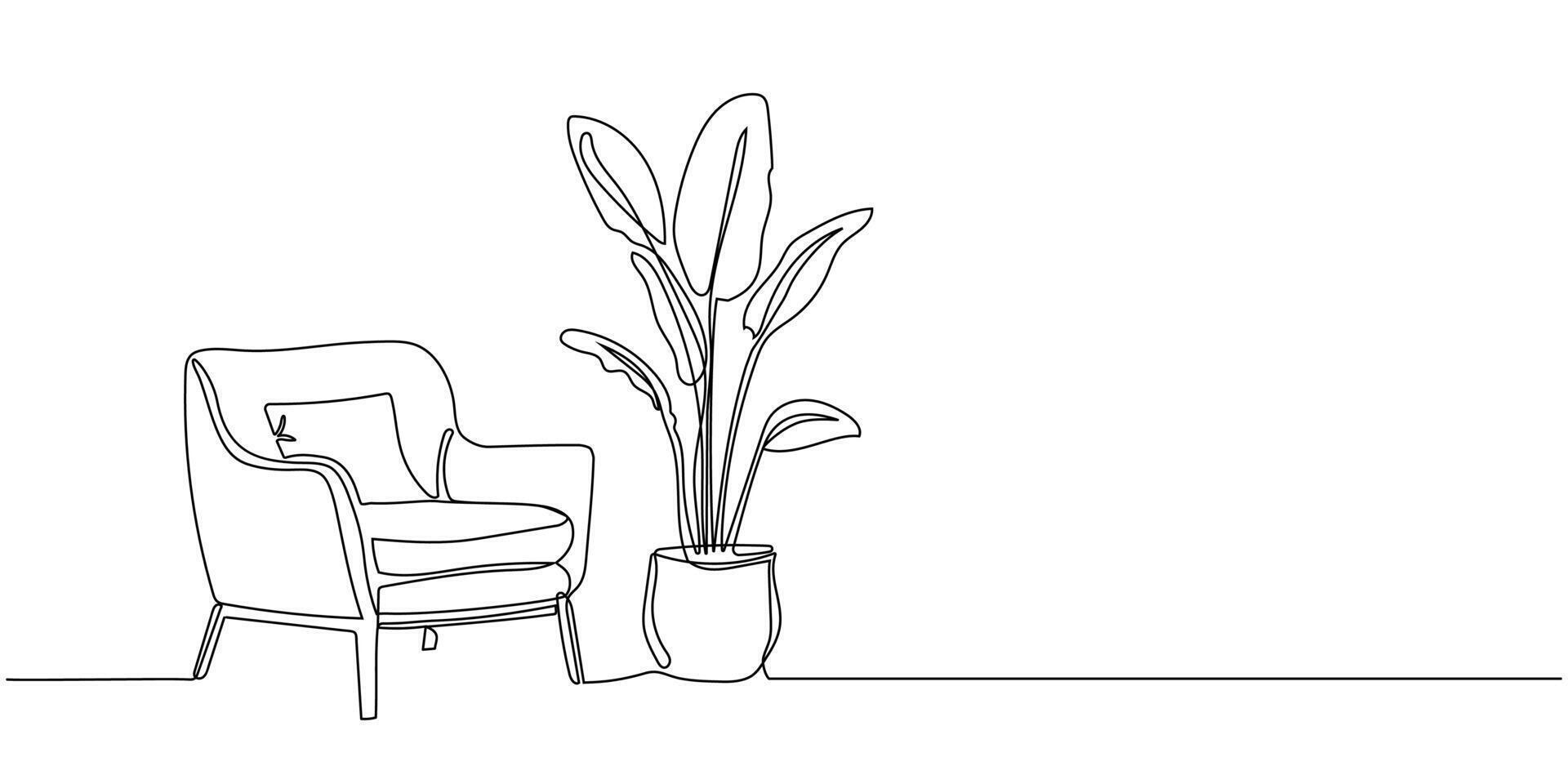 Home interior illustration in one continuous line drawing. Modern furniture armchair and potted flower in simple linear style. Doodle vector