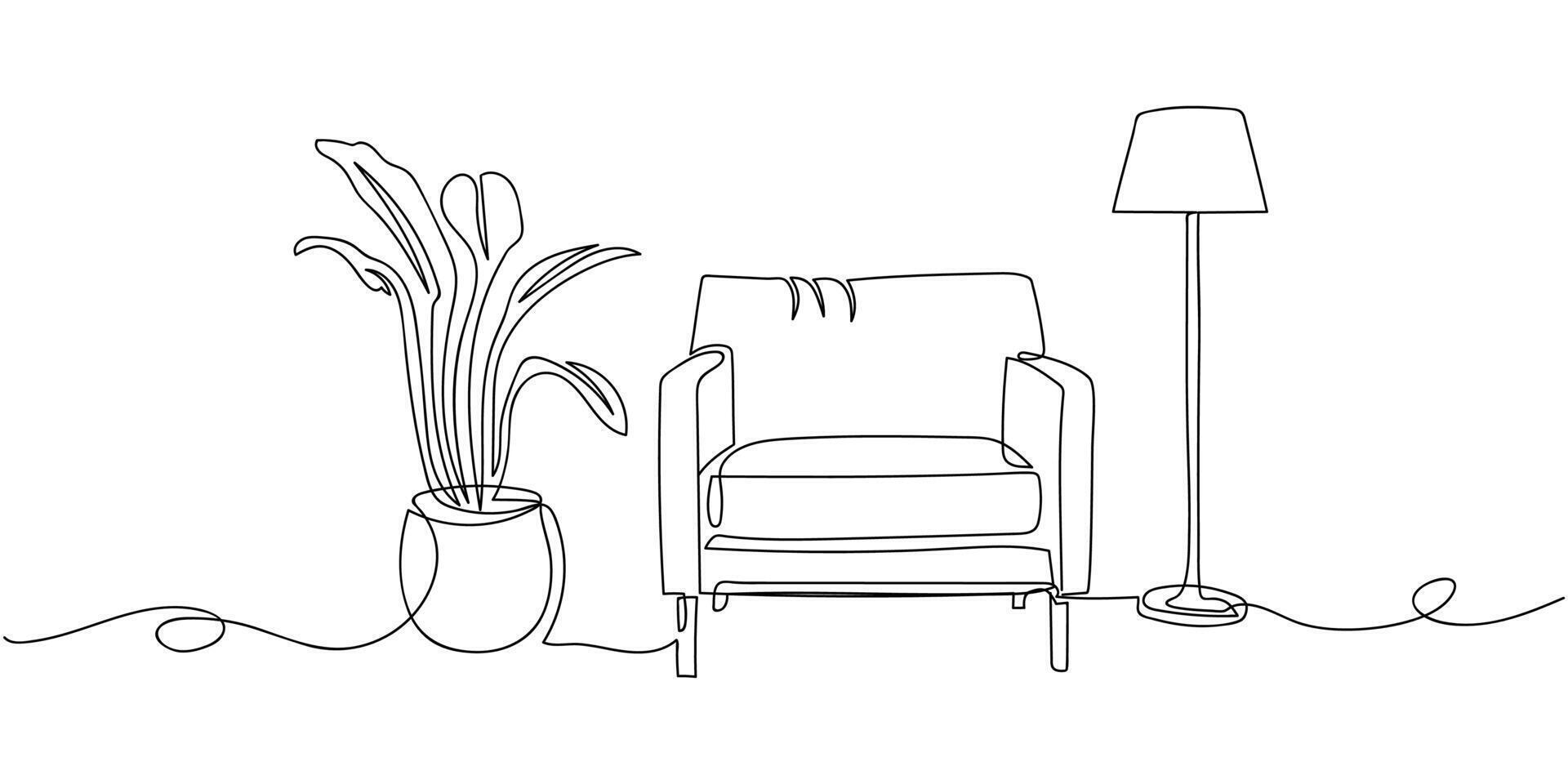Contemporary furniture in Scandinavian style one continuous line drawing. Armchair, flower in a pot and floor lamp for living room or hotel concept in simple linear style. Doodle illustration vector