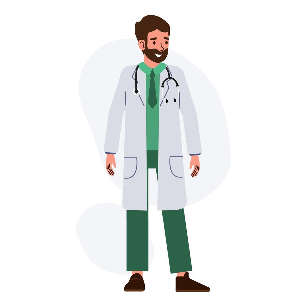 Friendly male doctor wearing a lab coat and stethoscope in a healthcare setting during daytime vector