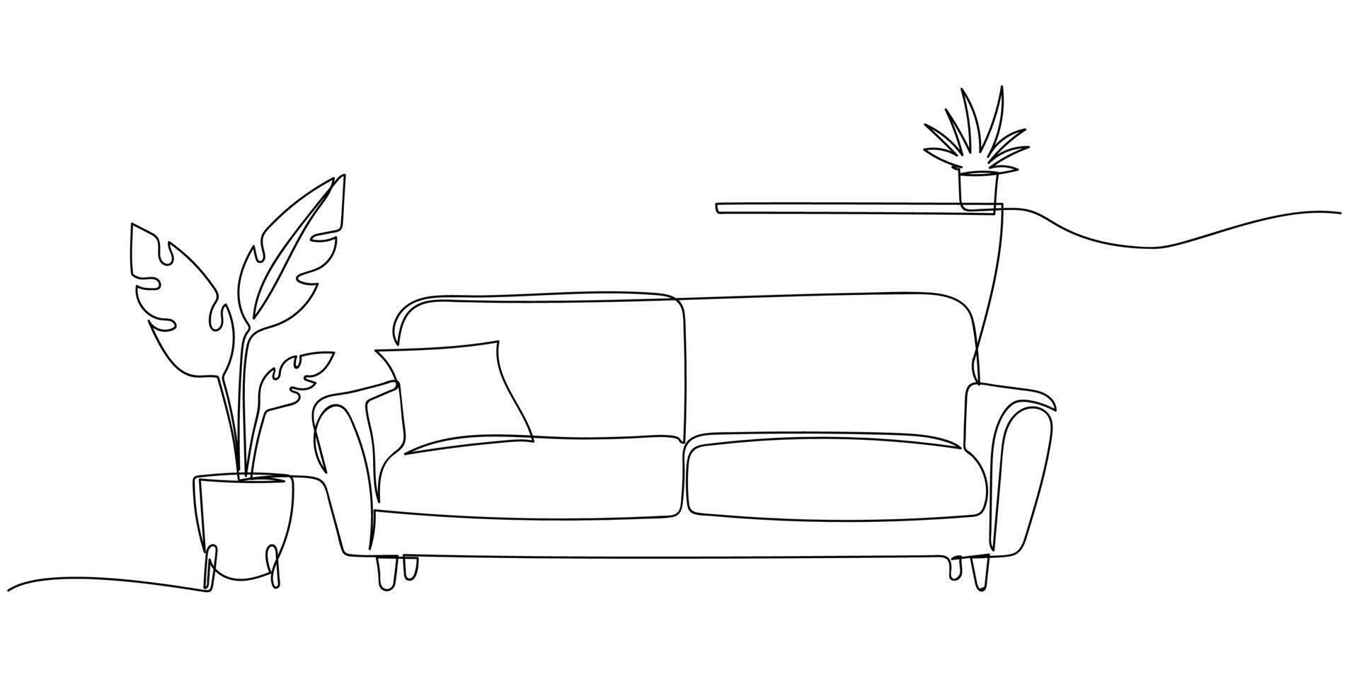 Contemporary furniture in Scandinavian style one continuous line drawing. Sofa, floor lamp and potted plant for living room or hotel concept in simple linear style. Doodle illustration vector