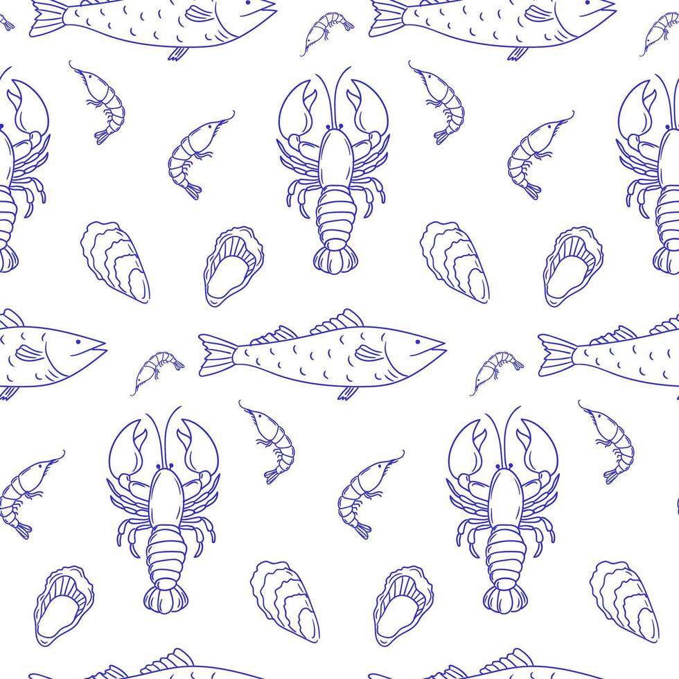 Seafood pattern featuring fish, lobster, shrimp, and shellfish illustrated in a simple design on a white background vector