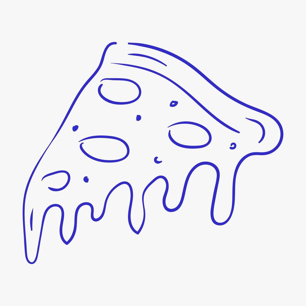 Delicious cheese pizza slice with gooey toppings illustrated in simple blue outline on white background vector