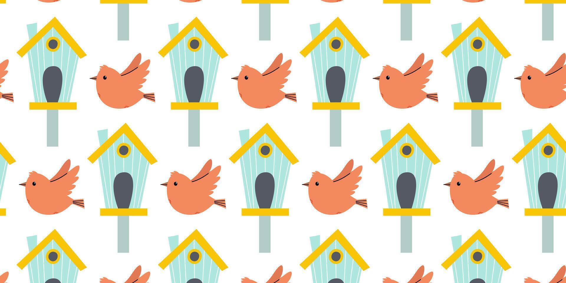 Colorful pattern featuring charming birds and whimsical birdhouses against a bright background showcasing an artistic design vector