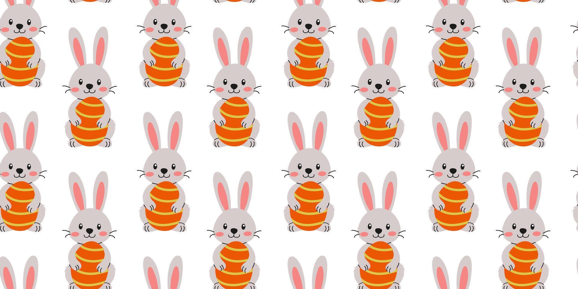 Cute cartoon bunnies with striped eggs create cheerful repeating pattern for spring decor vector