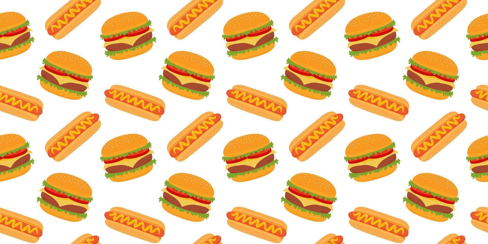 Food background, seamless pattern with hamburger and hot dog. American fast food, illustration in flat style. vector