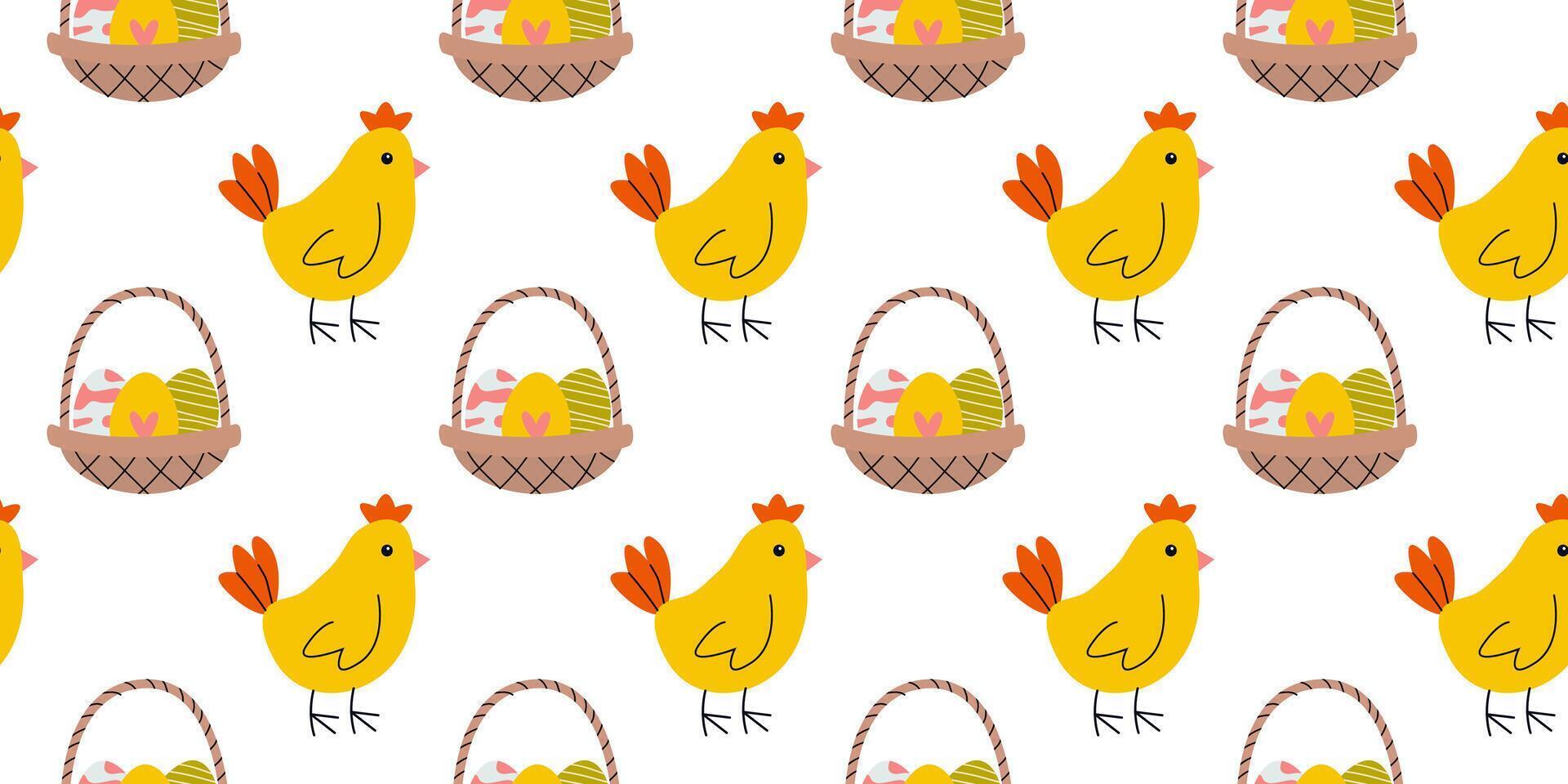 yellow chickens and egg baskets pattern vector