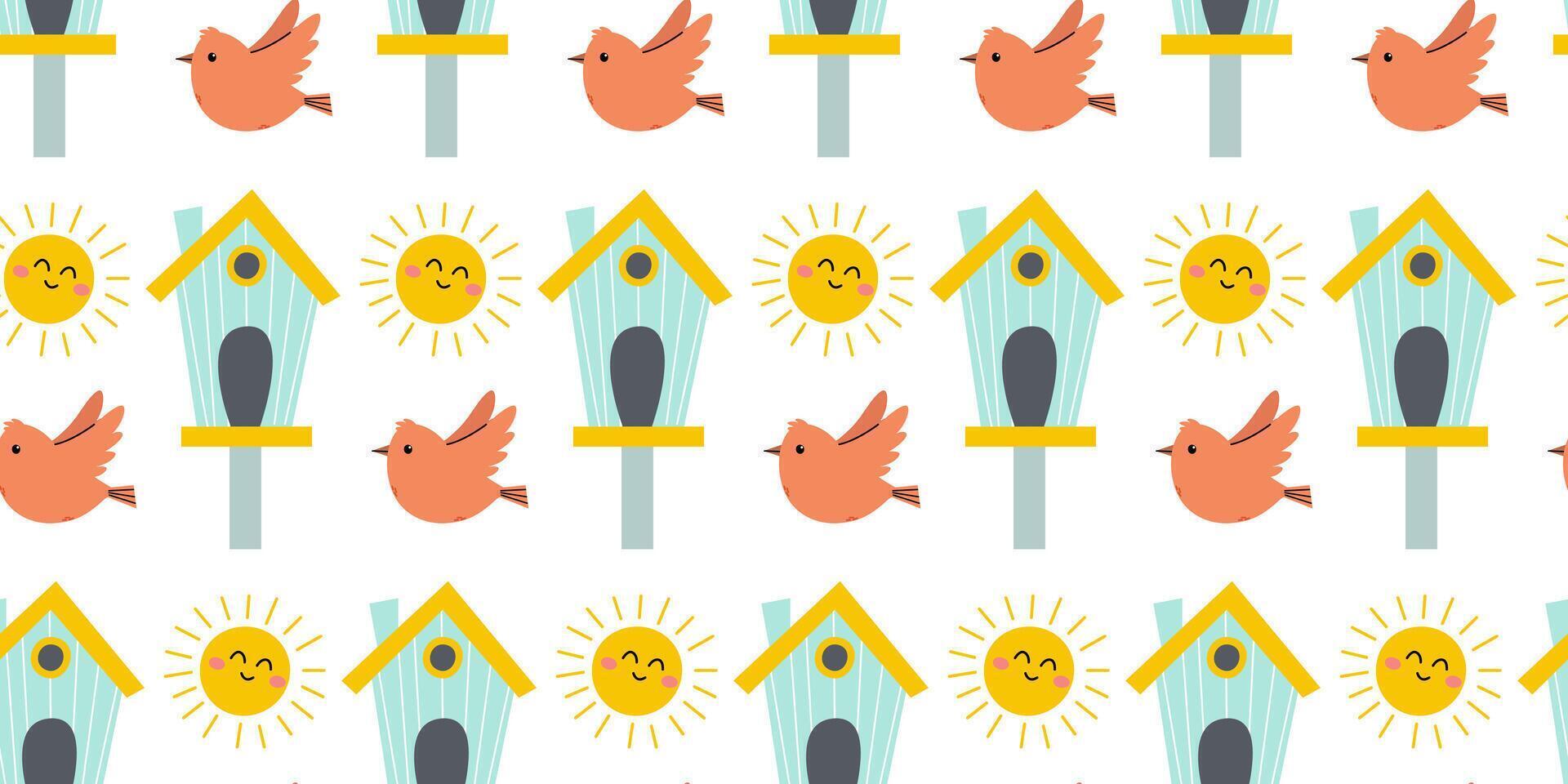 Bright and cheerful pattern featuring colorful birds, sun, and birdhouses showcasing a joyful springtime theme vector