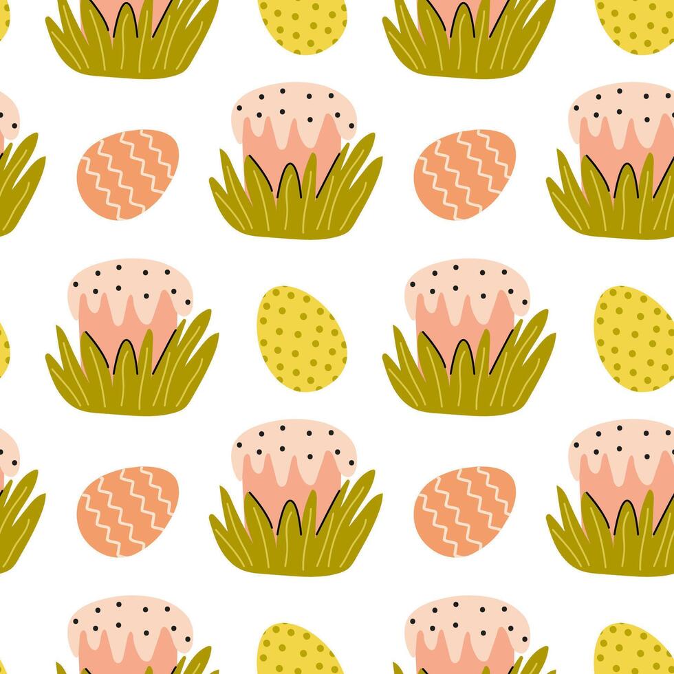 Colorful Easter pattern featuring cakes and decorated eggs on a white background vector