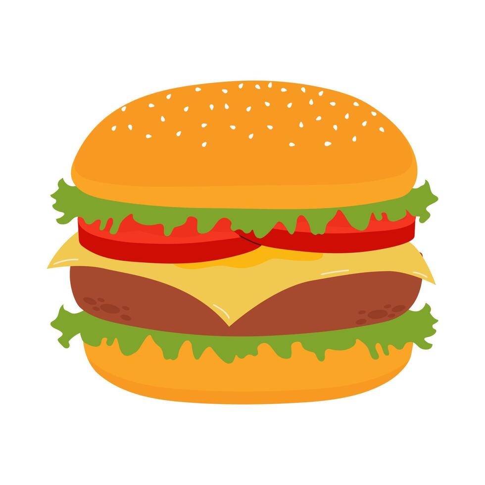 Hamburger with tomato, lettuce, and beef in flat style, illustration isolated on a white background. Icon, isolate for design vector