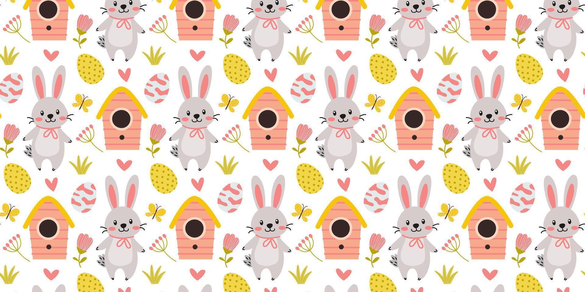 Colorful spring pattern featuring cute bunnies, birdhouses, and flowers with Easter eggs in a cheerful design vector