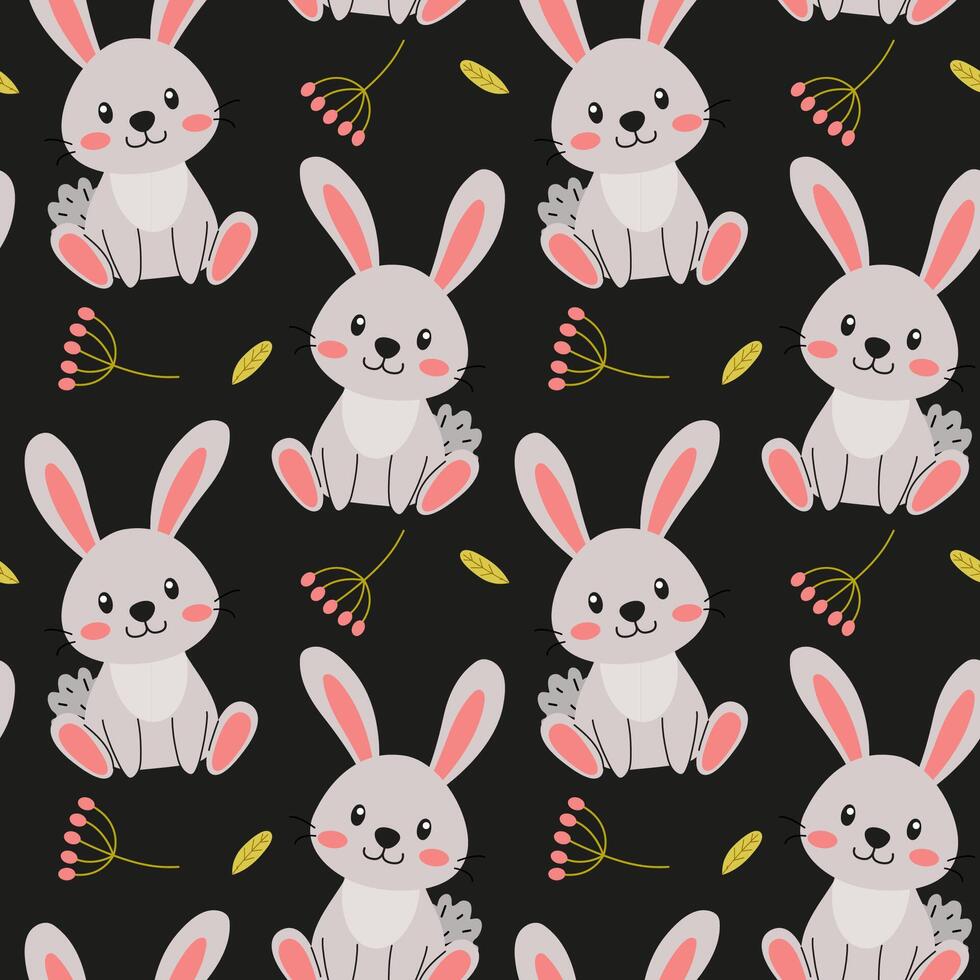 Cute and playful bunnies surrounded by flowers on a dark background creating a whimsical textile design vector