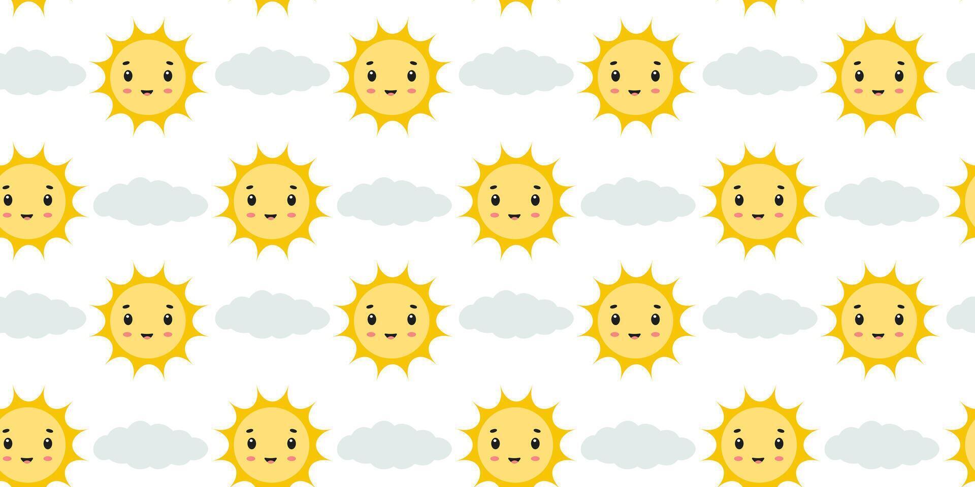 Bright and cheerful sun with smiling faces against a light background featuring fluffy clouds vector