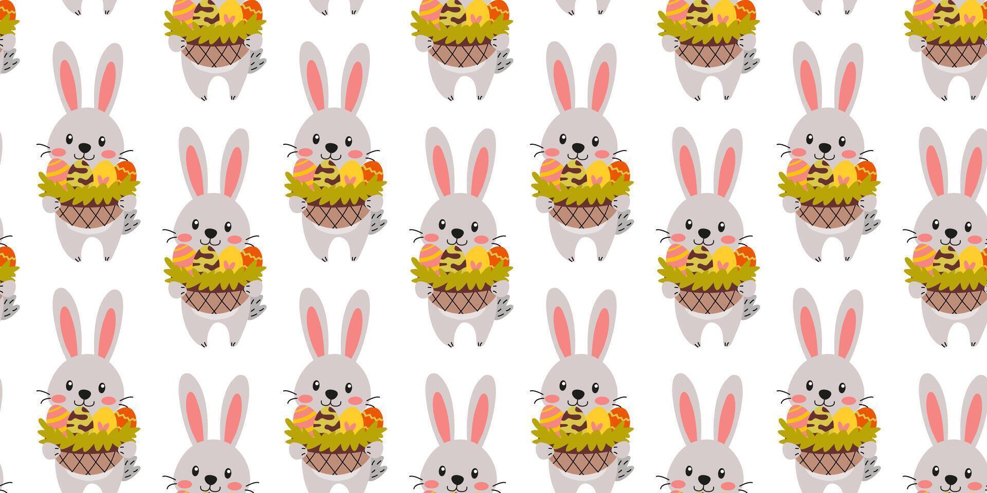 Pattern of bunnies with colorful baskets vector