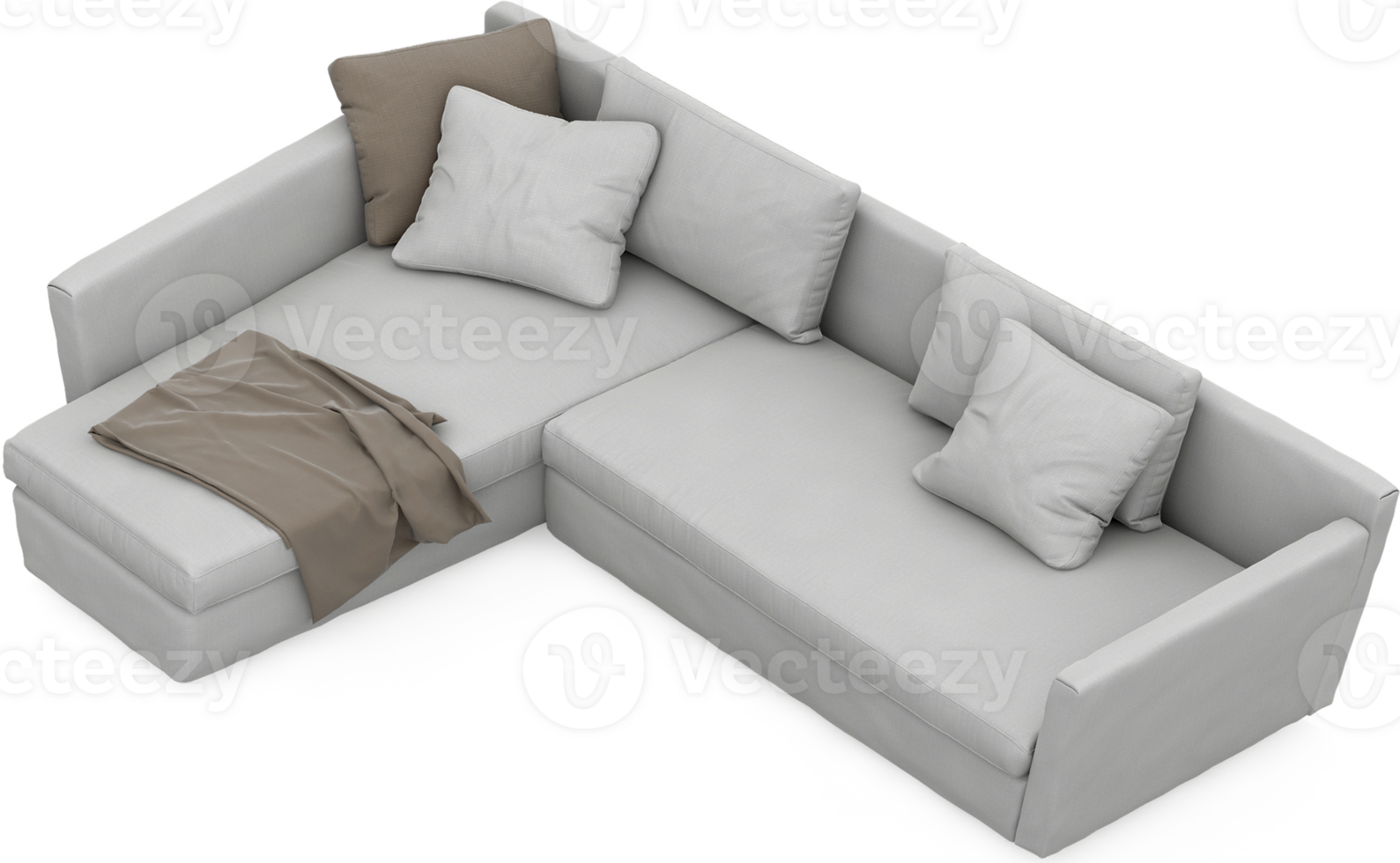 a white sectional sofa with pillows on it png