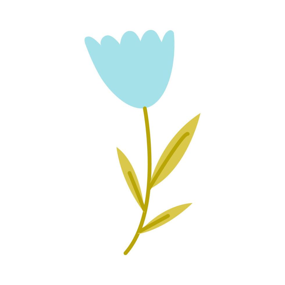 Bright blue flower with green leaves against a white background welcoming spring's arrival in a minimalist style vector