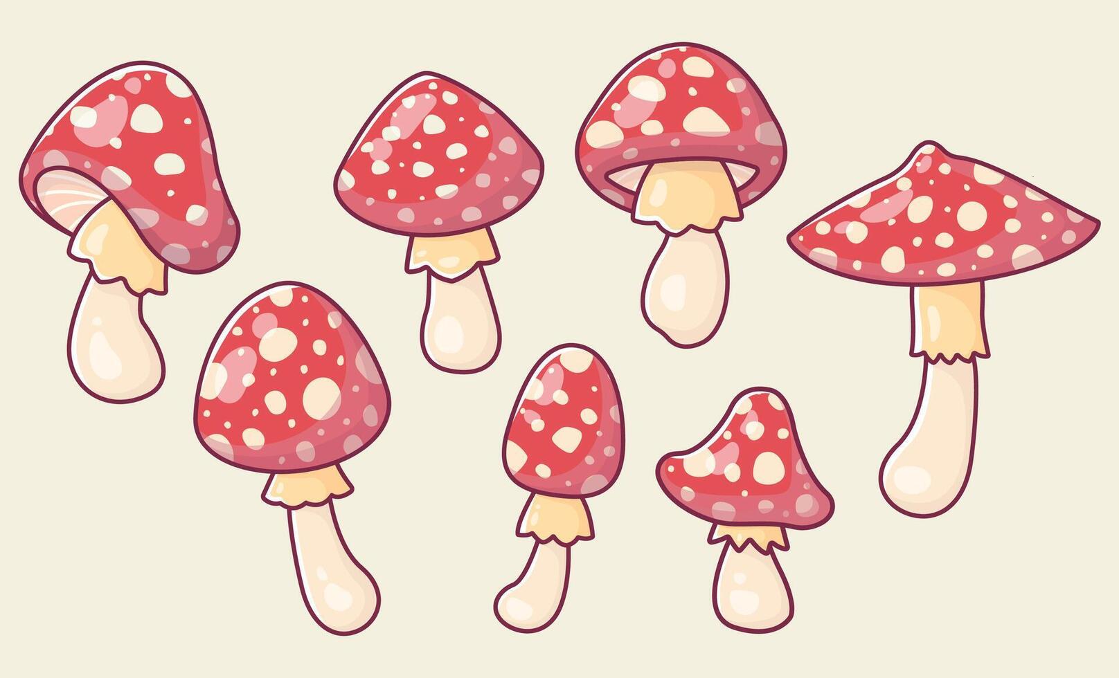 Set of hand drawn red mushrooms. Cute illustrations of fly agaric mushrooms. vector