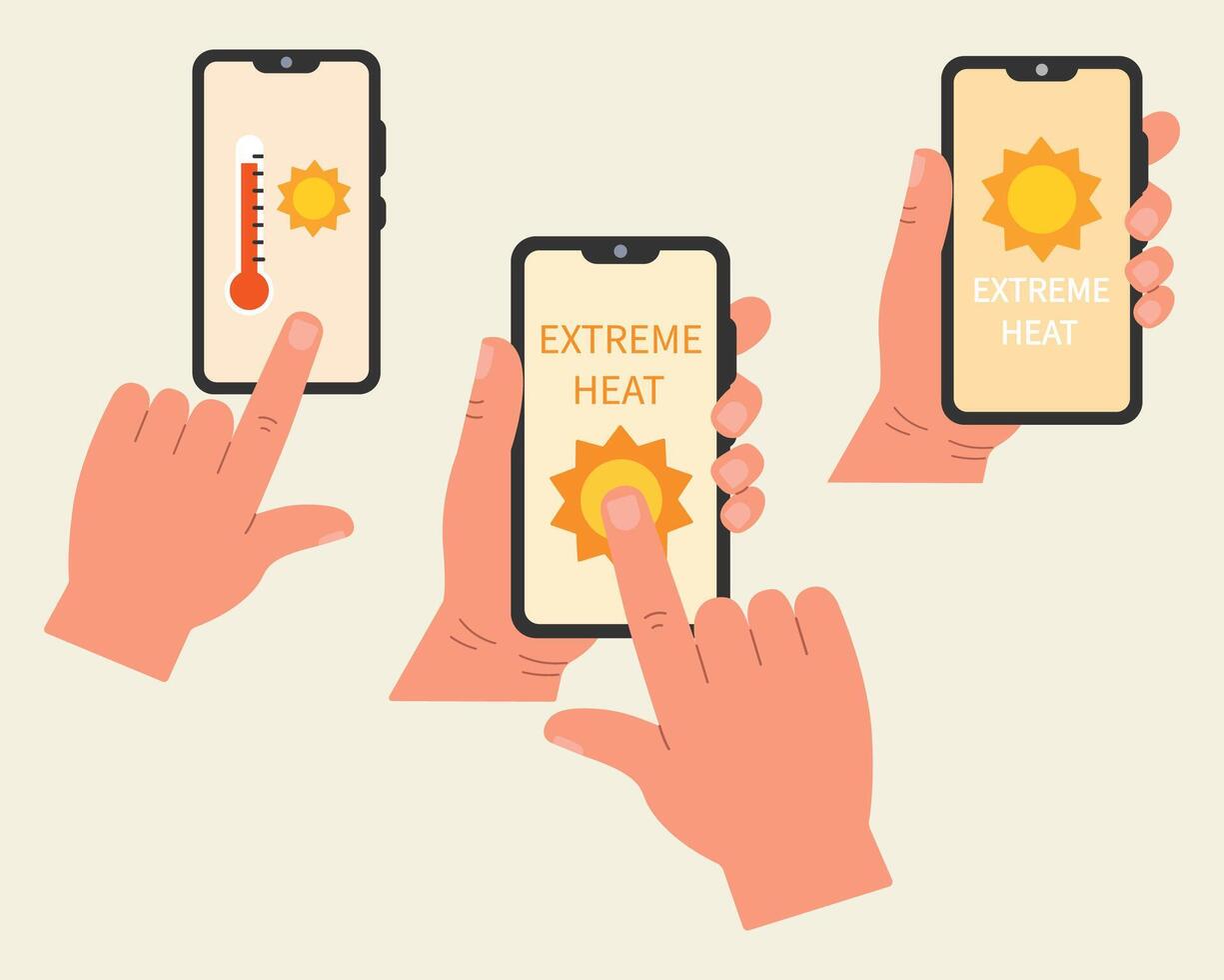 A hand holds a smartphone with a weather forecast on a mobile app. Extreme heat. A hot summer day. Tropical climate. vector