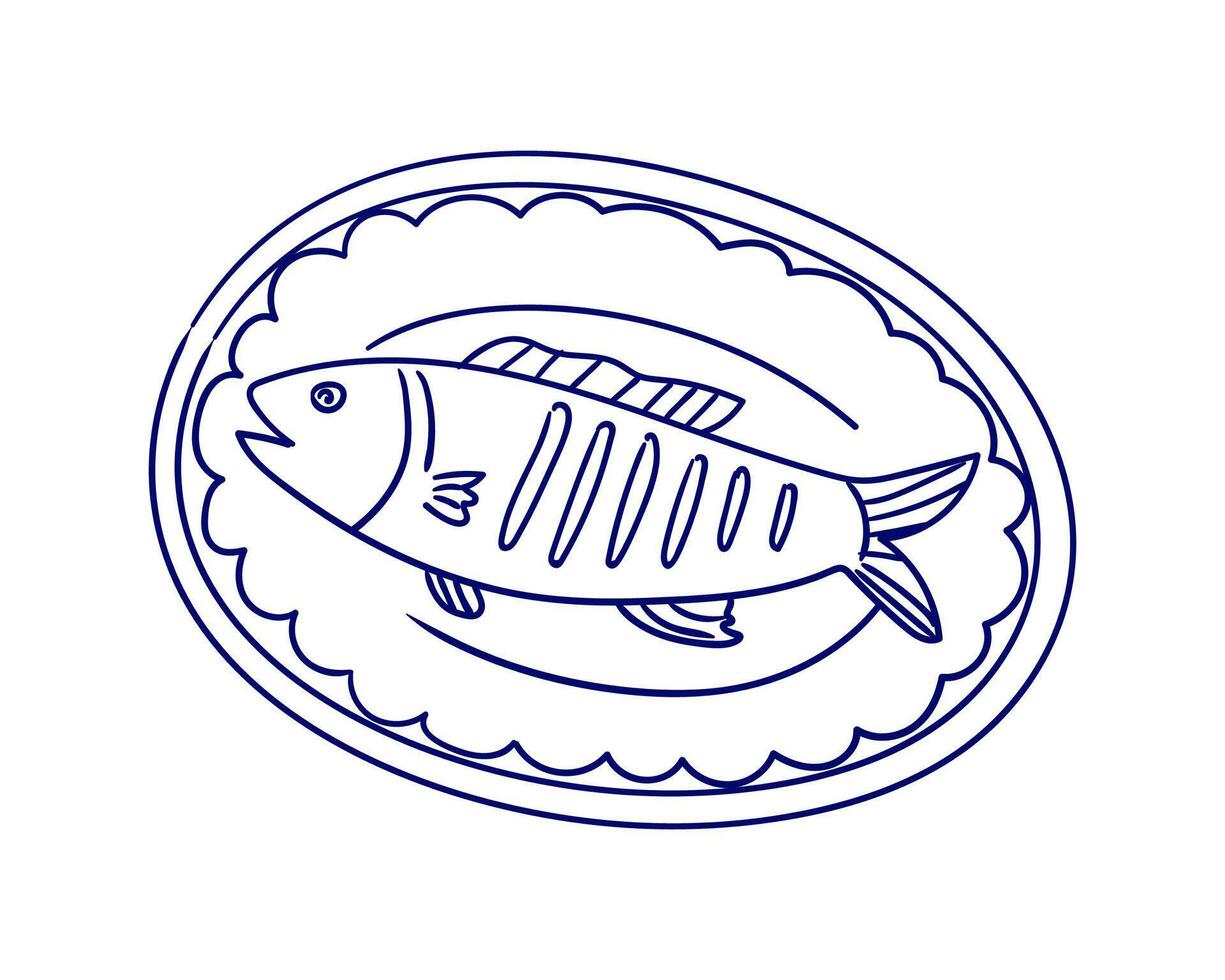 Delicious grilled fish served on an elegant platter at a summer garden gathering vector