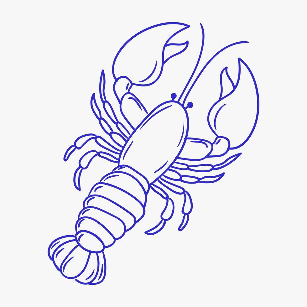 Detailed illustration of a lobster with prominent claws and segmented body, highlighting its anatomy in a stylized blue outline vector