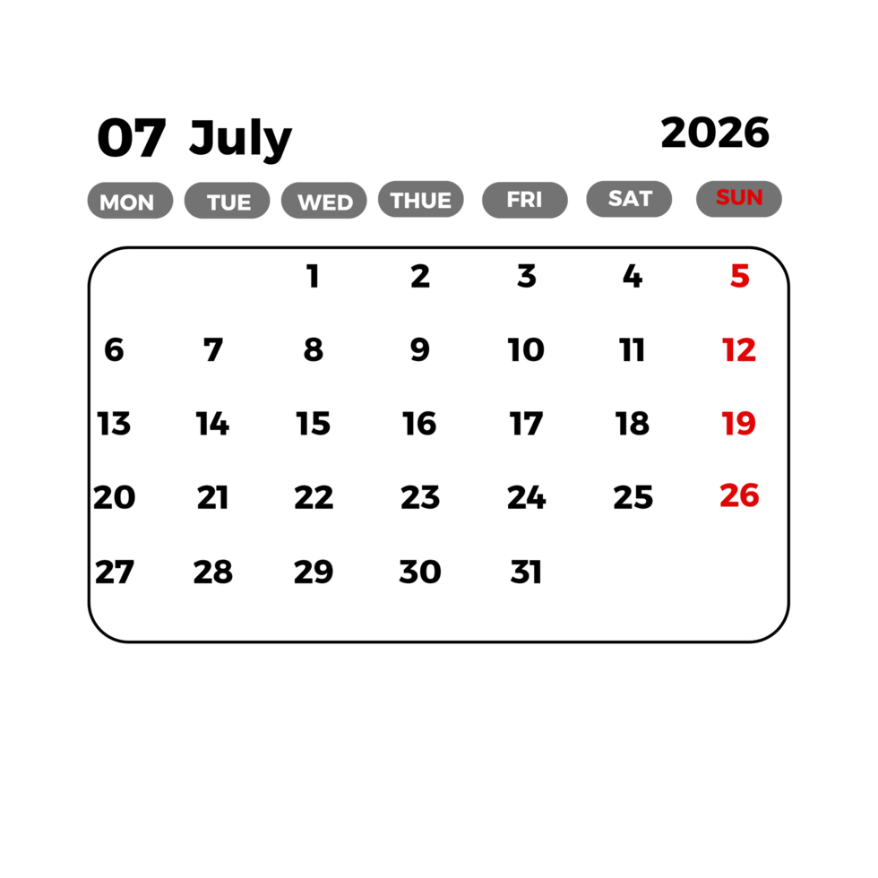 calendar template july 2026 transparent png