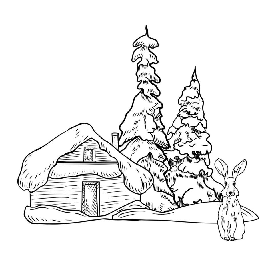 Woodland cabin surrounded by snowy trees, snowdrift, and hare hand drawn black white outline . Winter forest scene monochrome painted for seasonal invitations and festive New Year packaging. vector