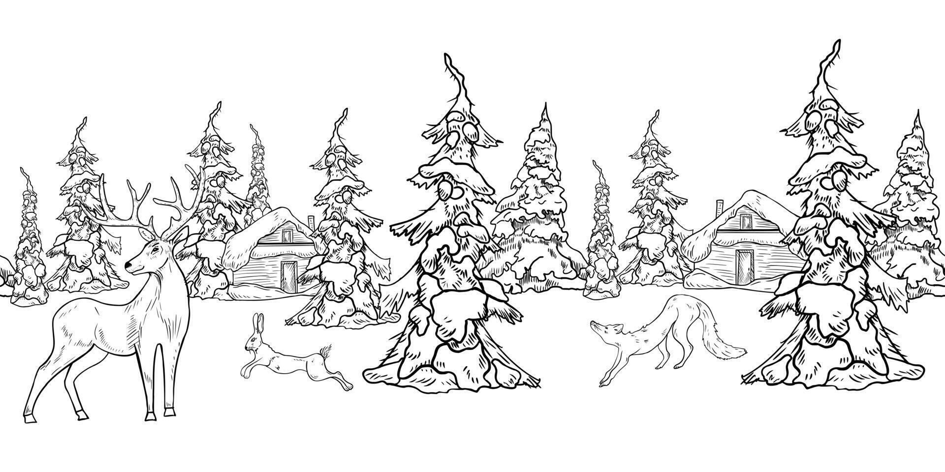 Christmas seamless border of snowy trees, woodland hut, and forest animals hand drawn black white outline . Winter fir forest with rustic cabin, deer, fox, and hare ink sketch for festive prints vector
