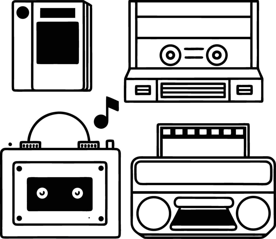 Black and White Illustration Retro Audio Cassette Tape Player Boombox Vintage Technology Design vector