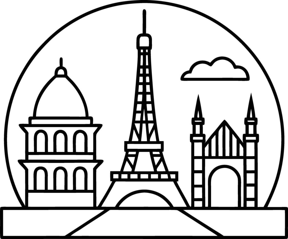 Eiffel Tower Rome Pantheon London Bridge Black and White Line Art Cityscape Illustration vector