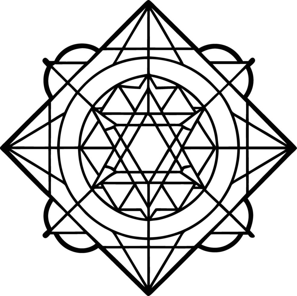 Abstract Black and White Geometric Mandala Design Sacred Geometry Interlocking Triangles Circles Lines Pattern vector