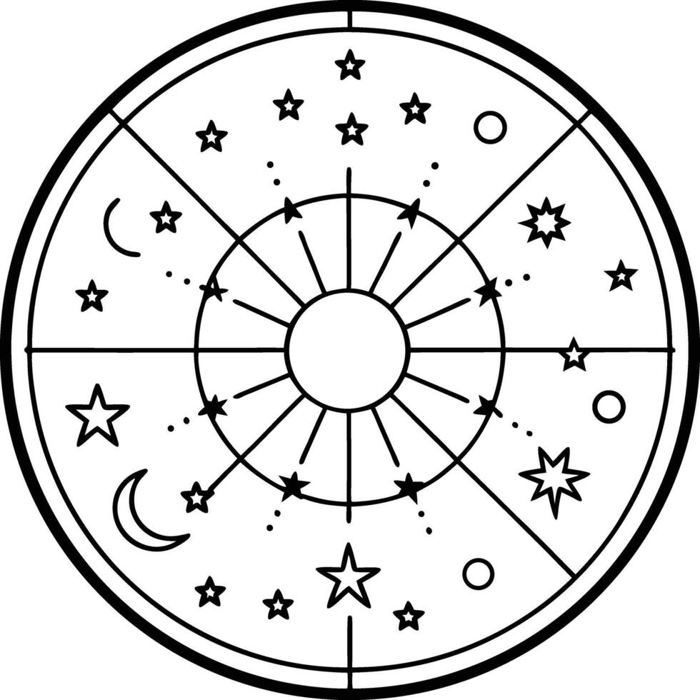 Celestial Mandala Black and White Circular Design with Stars Moons and Sun Rays vector