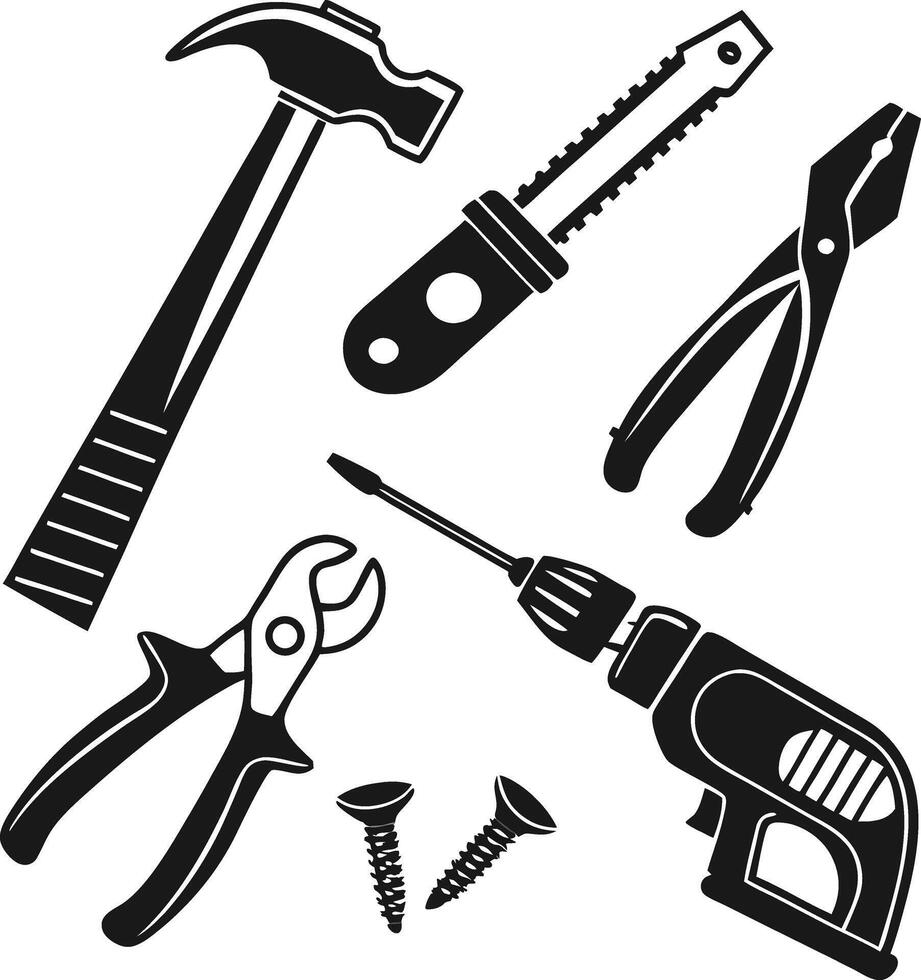 Black and White Illustration of Hand Tools Hammer Saw Pliers Drill Screws vector