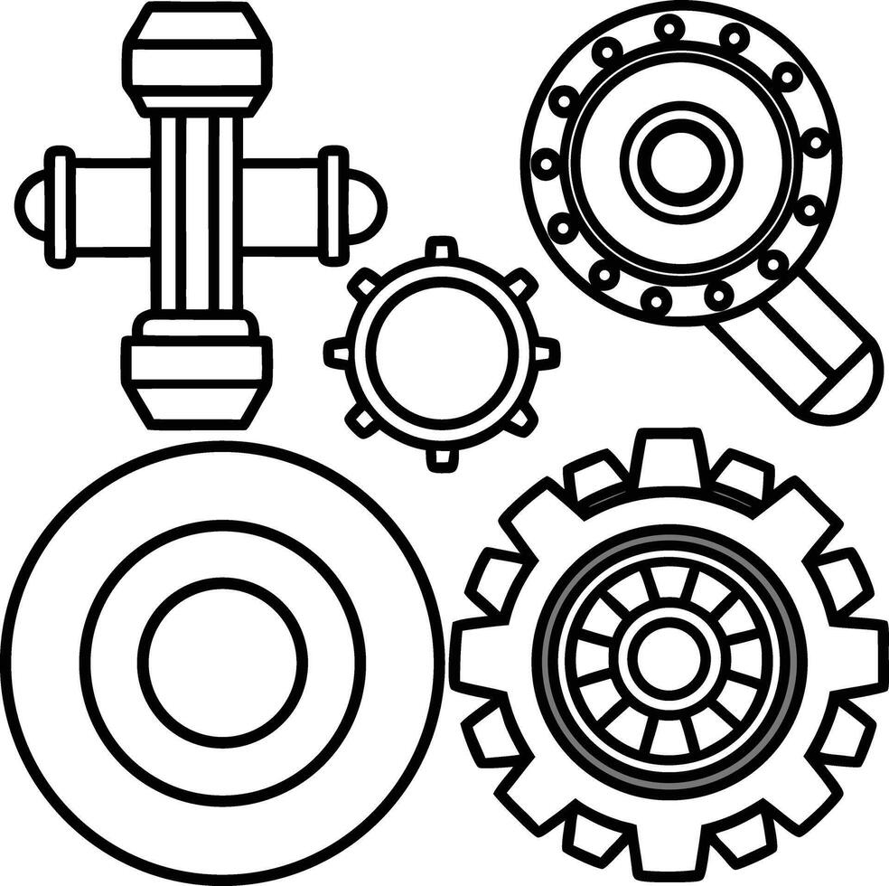 Black and White Line Art Illustration of Industrial Machine Parts Gears Cogs and Pipes wheels vector
